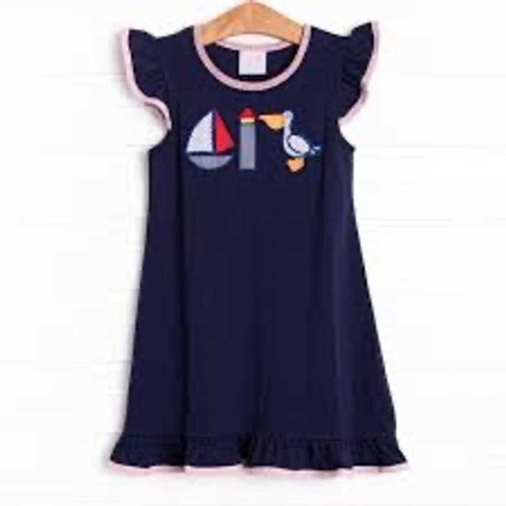 Stitchy Fish Lookout Lady Appliqué Dress Girls Navy Blue Nautical Sz 7 Sailboat